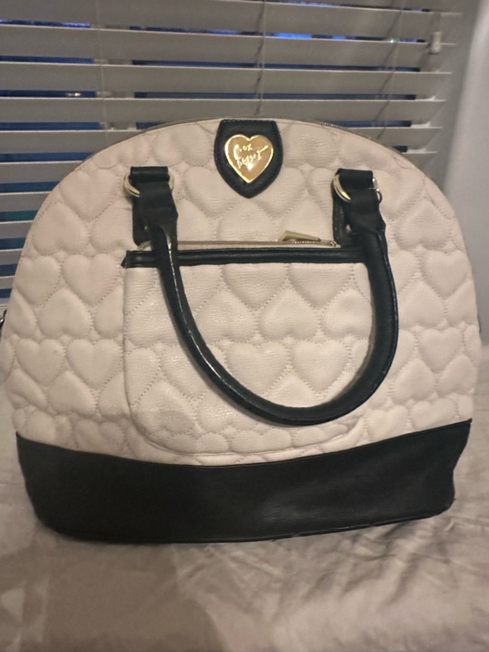 Betsey Johnson Quilted Heart Satchel in Cream and Black